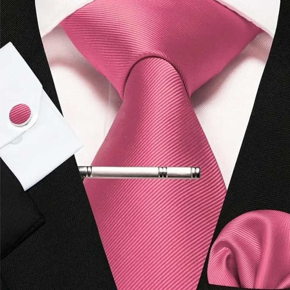 Mens 5 Piece Tie + Bow Tie + Pocket Square + Cufflinks + Clip Satin Pink - Picture 4 of 5